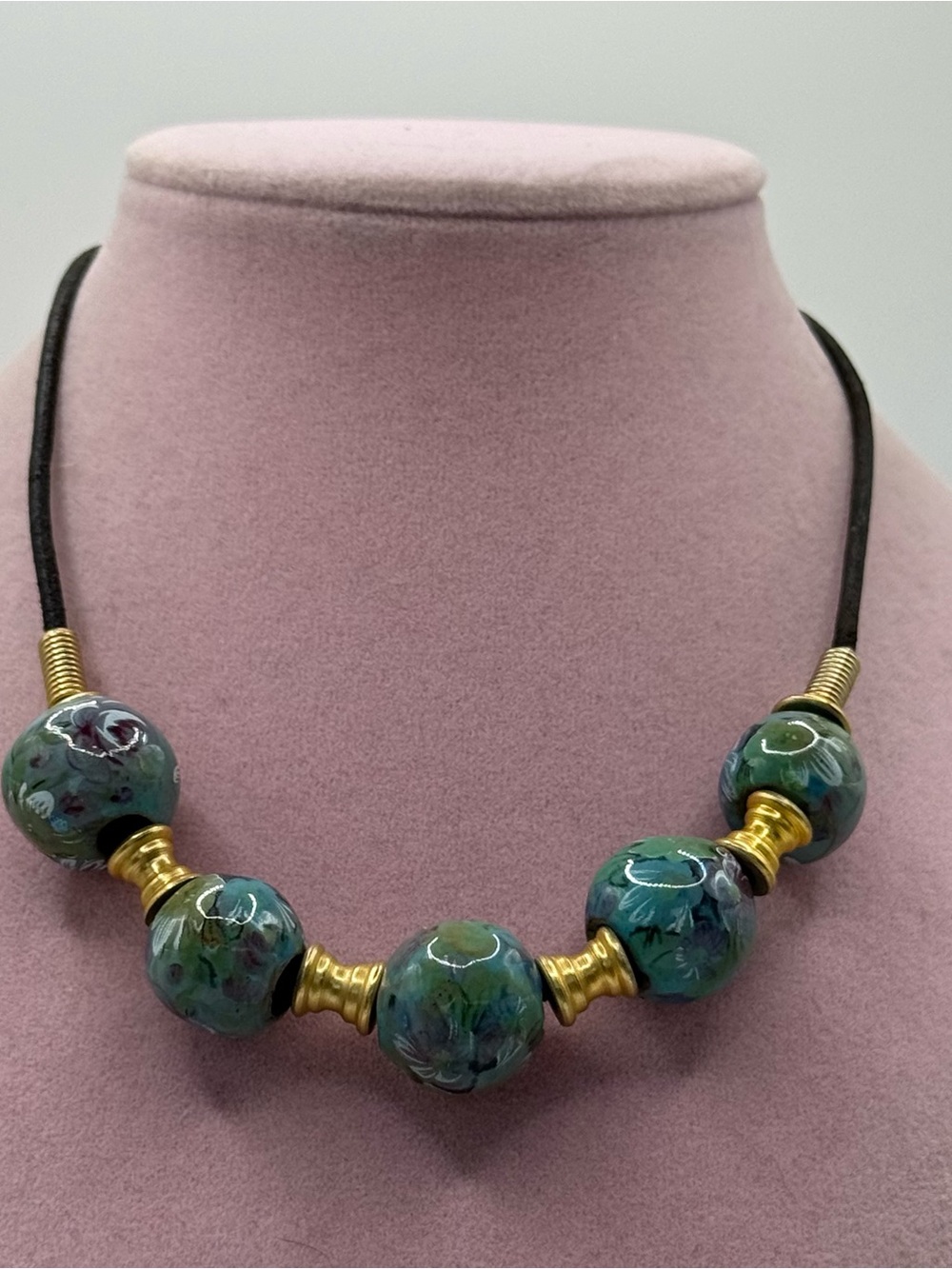 Handcrafted Teal Floral ceramic Bead Necklace with Gold Accents